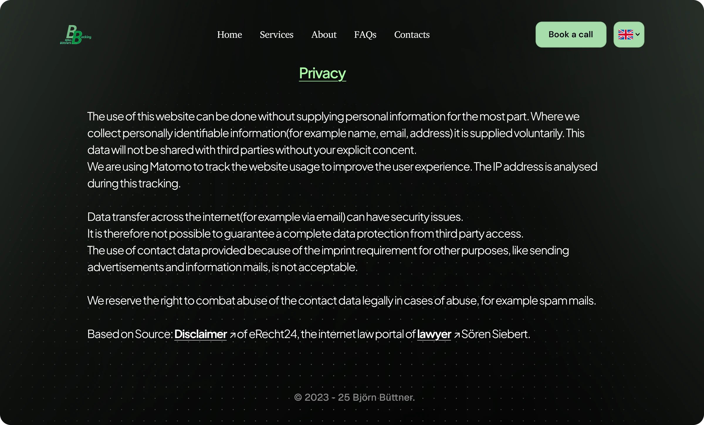 BB's Backing dark mode privacy policy page